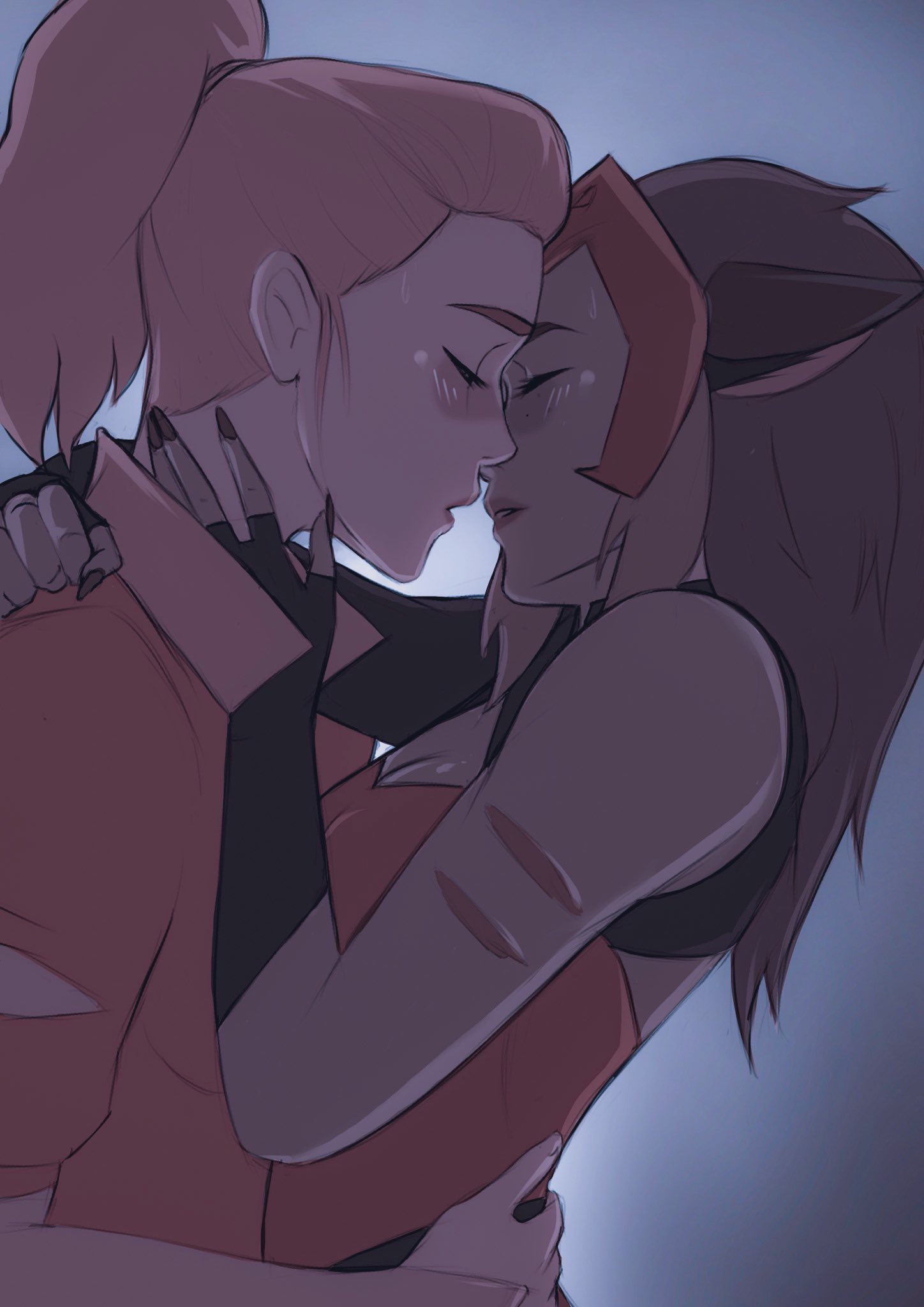 2girls adora_(she-ra) animal_ears blush brown_hair catra clenched_hand closed_eyes couple fingerless_gloves gloves hand_on_another's_neck highres imminent_kiss multiple_girls okonomiyaky_art she-ra_and_the_princesses_of_power yuri