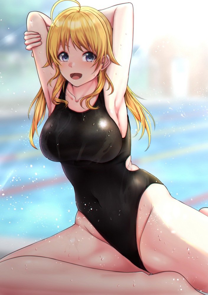1girl ahoge arms_behind_head black_swimsuit blonde_hair blue_eyes blurry blurry_background breasts competition_swimsuit feet_out_of_frame groin hachimiya_meguru idolmaster idolmaster_shiny_colors kneeling large_breasts looking_at_viewer low_twintails one-piece_swimsuit pool shohei_(piranha5hk) solo swimsuit twintails