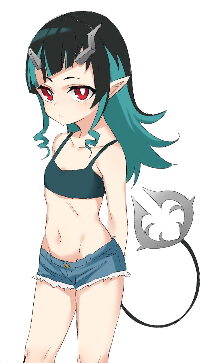 1girl bangs black_hair blue_camisole blue_hair blue_shorts blush camisole closed_mouth commentary_request contrapposto demon_girl demon_horns demon_tail expressionless feet_out_of_frame flat_chest highres horns long_hair looking_at_viewer migchip multicolored_hair pointy_ears red_eyes shishio_chris short_shorts shorts simple_background solo sugar_lyric tail two-tone_hair virtual_youtuber white_background