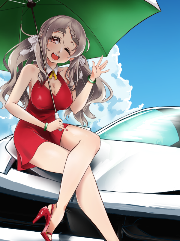 1girl alternate_costume blue_sky breasts brown_eyes car cleavage_cutout clothing_cutout clouds day dress grey_hair ground_vehicle high_heels holding holding_umbrella kantai_collection large_breasts motor_vehicle one_eye_closed outdoors pola_(kancolle) red_dress red_footwear short_dress sitting sky sleeveless sleeveless_dress solo udukikosuke umbrella wavy_hair