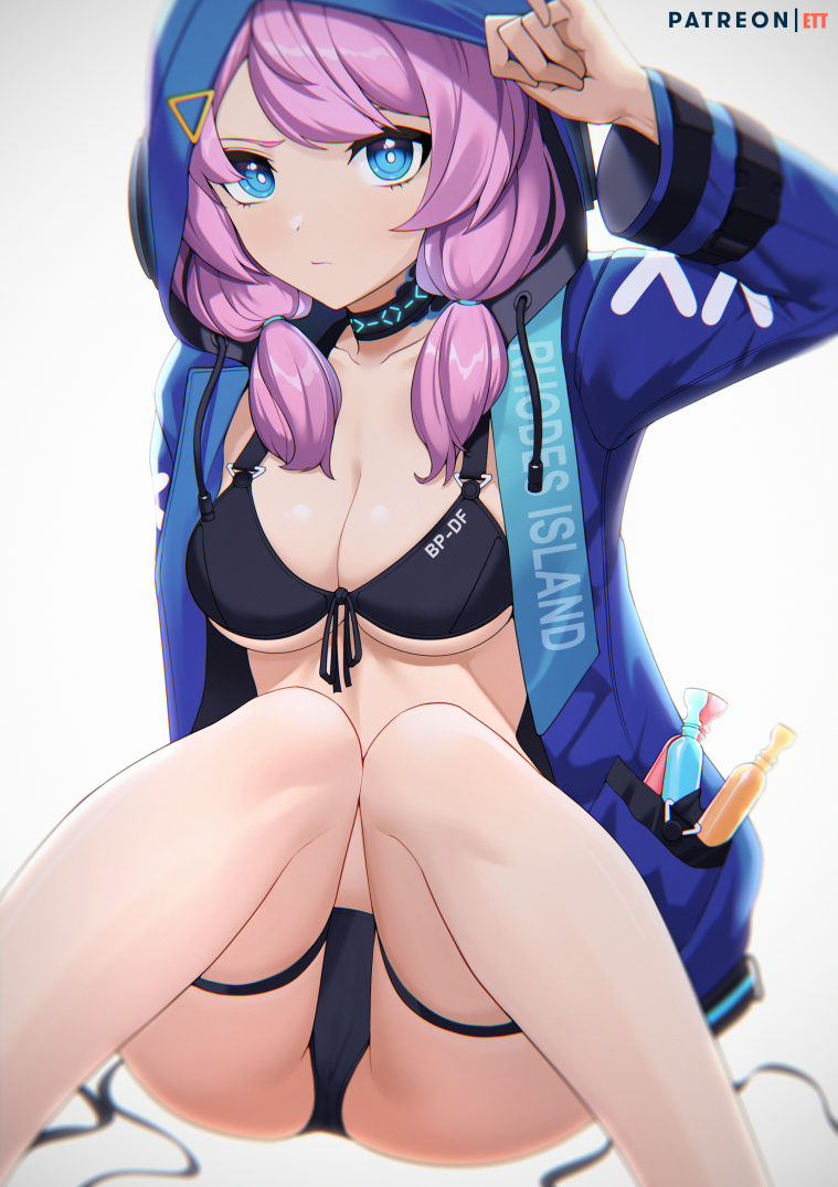 1girl adapted_costume arknights bikini bikini_under_clothes black_bikini blue_eyes blue_jacket blue_poison_(arknights) breasts closed_mouth collarbone ett hood hood_up infection_monitor_(arknights) jacket jacket_over_swimsuit long_hair low_twintails patreon_username pink_hair solo swimsuit swimsuit_under_clothes thigh_strap twintails white_background