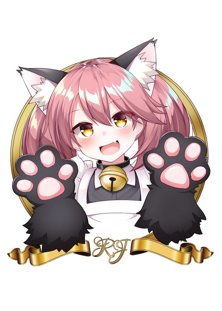 1girl alternate_costume animal_ears animal_hands apron bell brown_eyes brown_hair cat_ears fang gloves jingle_bell kantai_collection kirigakure_(kirigakure_tantei_jimusho) neck_bell open_mouth paw_gloves ryuujou_(kancolle) skin_fang solo twintails white_apron