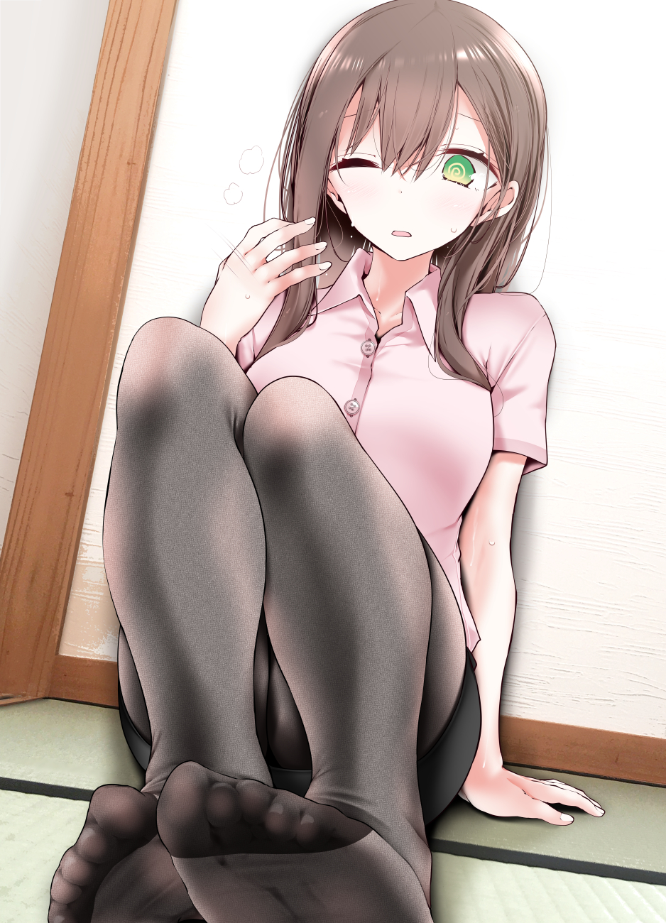 1girl @_@ arm_support bangs black_legwear black_skirt blush breasts collared_shirt fanning_face feet hair_between_eyes hand_up highres hot indoors legs_together long_hair looking_at_viewer no_shoes ol-chan_(oouso) on_floor one_eye_closed oouso open_mouth original pantyhose pink_shirt shirt short_sleeves sidelocks sitting skirt soles solo sweat toes