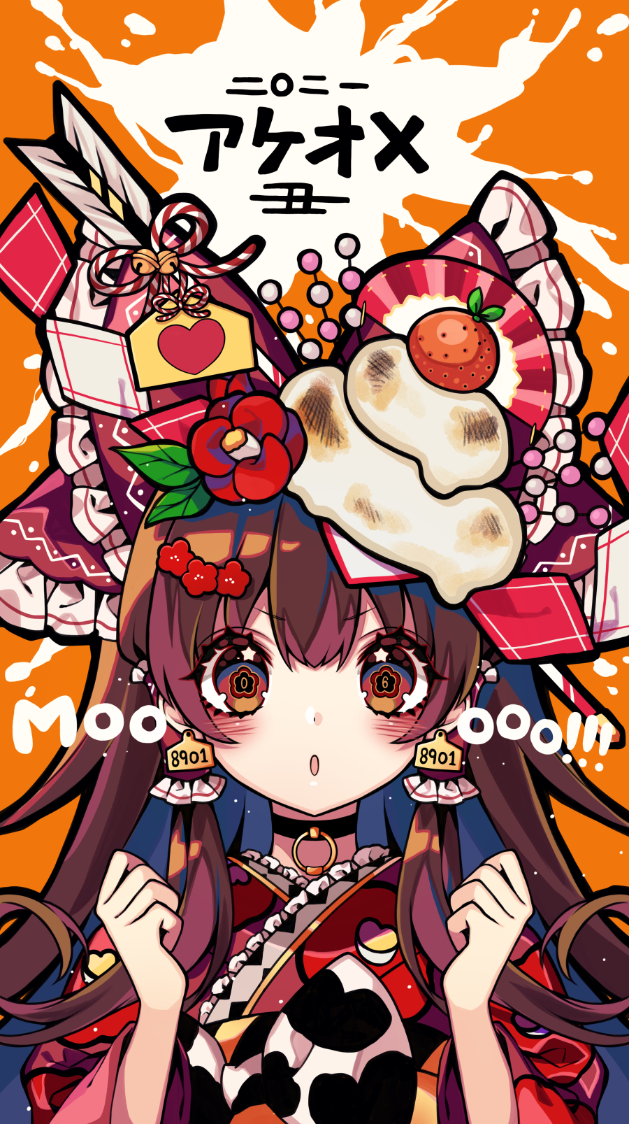 1girl 2021 akeome alternate_costume animal_print arrow_(projectile) bell black_choker blush bow brown_eyes brown_hair camellia chinese_zodiac choker commentary cow_print ear_tag ema eyebrows_visible_through_hair flower flower-shaped_pupils food fruit hair_flower hair_ornament hair_tubes hakurei_reimu hamaya happy_new_year highres japanese_clothes jingle_bell kagami_mochi kimono kyouda_suzuka long_hair looking_at_viewer mandarin_orange new_year number_pun object_on_head orange_background red_bow red_kimono simple_background solo star_(symbol) star_in_eye symbol-shaped_pupils symbol_in_eye too_many touhou translated v-shaped_eyebrows year_of_the_ox