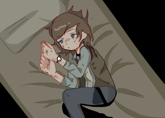 1boy bandaid bed blue_eyes bored brown_hair carl_grimes denim fetal_position half-closed_eyes jeans layered_clothing long_hair messy_hair pants pillow scratches scuffed the_walking_dead thigh_strap tired vest watch watch