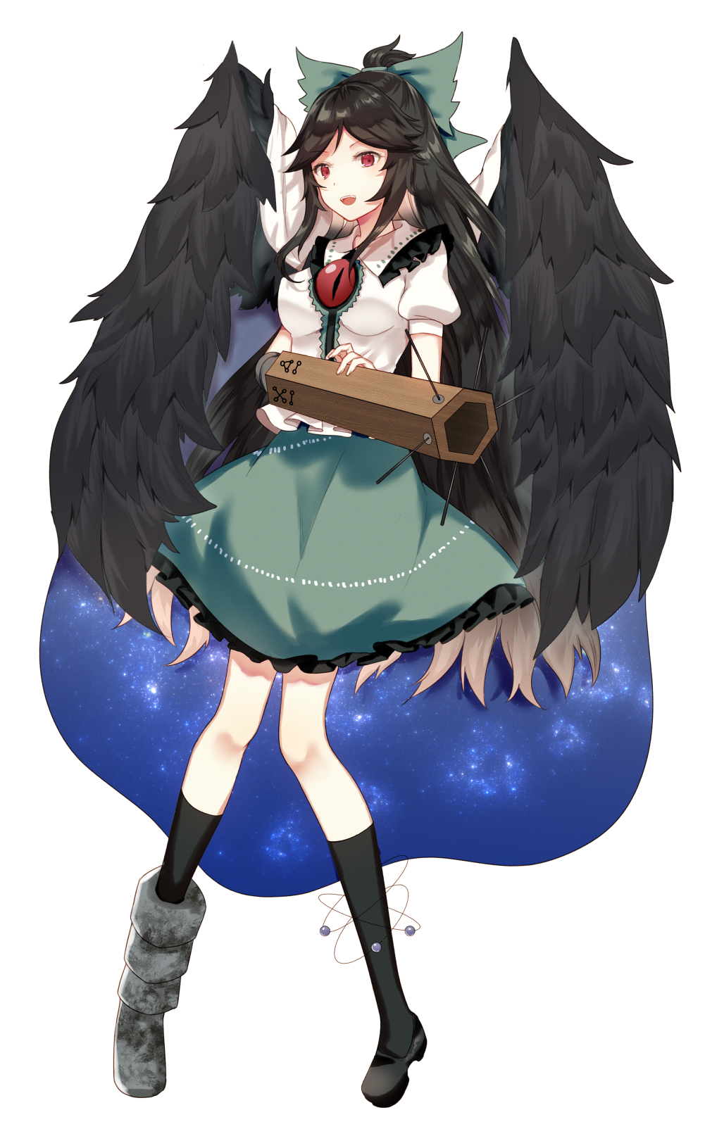 1girl arm_cannon asymmetrical_footwear bird_wings black_hair black_legwear black_wings bow cape center_frills chieezuik collared_shirt control_rod eyebrows_visible_through_hair frilled_shirt_collar frilled_skirt frills green_bow green_skirt hair_bow highres kneehighs long_hair mismatched_footwear open_mouth puffy_short_sleeves puffy_sleeves red_eyes reiuji_utsuho shirt shoes short_sleeves sidelocks simple_background single_shoe skirt solo starry_sky_print teeth third_eye touhou upper_teeth weapon white_background white_cape white_shirt wings