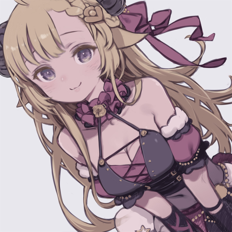 1girl animal_ears blonde_hair bow breasts choker collarbone covered_navel detached_sleeves eyebrows_behind_hair frilled_choker frills grey_background hair_bow hololive horns kuroboshi_kouhaku long_hair looking_at_viewer medium_breasts purple_bow sheep_ears sheep_horns smile solo tsunomaki_watame violet_eyes virtual_youtuber