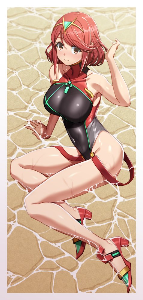 bangs black_swimsuit breasts chest_jewel competition_swimsuit covered_collarbone gem headpiece large_breasts one-piece_swimsuit pyra_(pro_swimmer)_(xenoblade) pyra_(xenoblade) red_eyes red_swimsuit redhead ribbed_swimsuit short_hair strapless strapless_swimsuit swept_bangs swimsuit tiara tsukamoto_kensuke two-tone_swimsuit xenoblade_chronicles_(series) xenoblade_chronicles_2