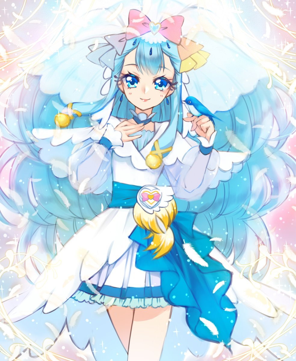 1girl bird bird_on_hand blue_bird blue_eyes blue_hair bow cheerful_style closed_mouth cowboy_shot cure_ange dress earrings eyelashes hair_bow highres hugtto!_precure jewelry long_hair looking_at_viewer magical_girl multicolored_background multicolored_bow nijigami_rin pouch precure see-through_sleeves short_dress smile solo standing veil white_dress yakushiji_saaya