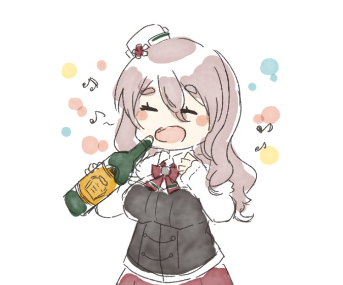 1girl ane_hoshimaru bodice bottle bow bowtie closed_eyes commentary_request corset cowboy_shot grey_hair hat kantai_collection long_hair long_sleeves mini_hat pola_(kancolle) red_bow red_bowtie shirt solo thick_eyebrows tilted_headwear wavy_hair white_background white_shirt wine_bottle
