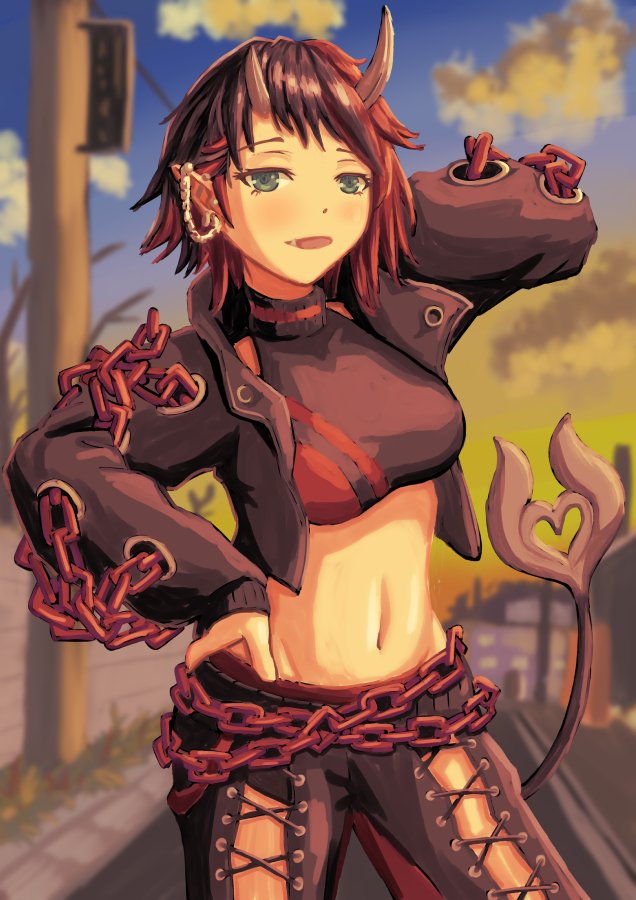 1girl arm_behind_head bangs black_hair black_jacket black_pants black_sports_bra blue_eyes blue_sky blush breasts chain clouds commentary_request contrapposto cowboy_shot cross-laced_pants demon_girl demon_horns ear_chain ear_piercing fang hand_on_hip horns jacket large_breasts long_sleeves looking_at_viewer midriff multicolored_hair navel open_mouth outdoors painterly pants piercing pointy_ears redhead ryugasaki_rene short_hair sky smile solo sone_(cortisone) sports_bra sugar_lyric sunset tail two-tone_hair under_boob virtual_youtuber