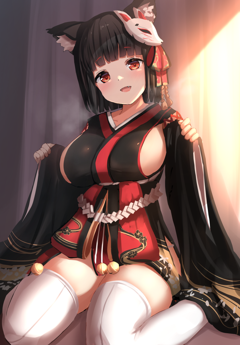 1girl animal_ear_fluff animal_ears azur_lane bangs black_hair blunt_bangs breasts cat_ears commentary_request curtains detached_sleeves eyebrows_visible_through_hair fang full_body head_tilt highres indoors japanese_clothes kimono large_breasts looking_at_viewer manda_(manda9n) mask mask_on_head open_mouth paw_pose red_eyes short_hair short_kimono sideboob sitting smile solo thigh-highs thighs wariza white_legwear yamashiro_(azur_lane)