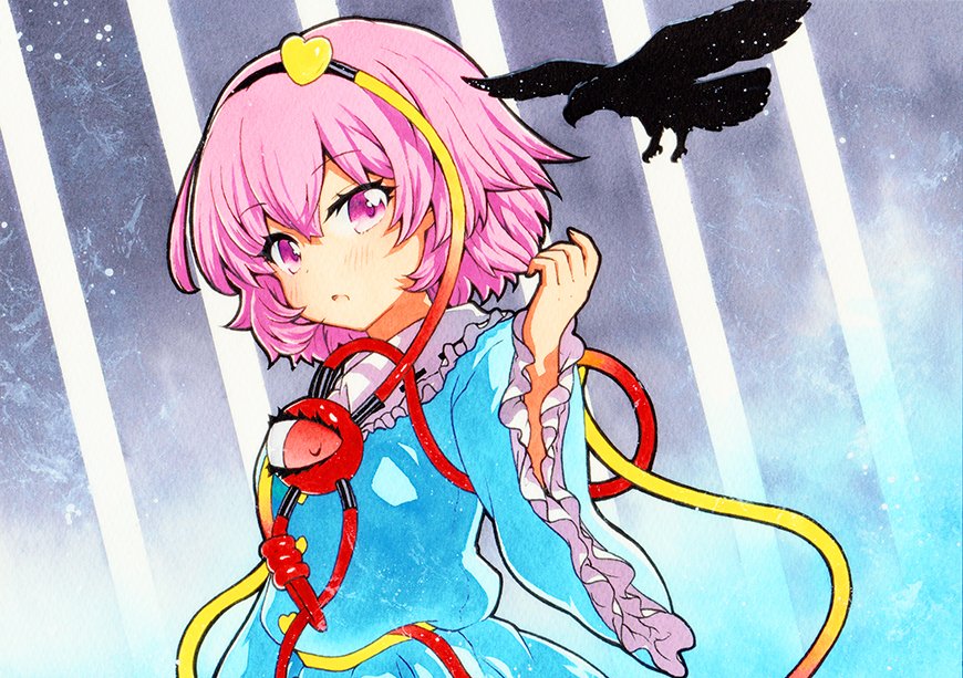 1girl bangs bird black_hairband blouse blue_background blue_blouse crow eyebrows_visible_through_hair frilled_sleeves frills grey_background hairband heart komeiji_satori long_sleeves looking_at_viewer open_mouth pink_eyes pink_hair qqqrinkappp short_hair third_eye touhou traditional_media two-tone_background upper_body