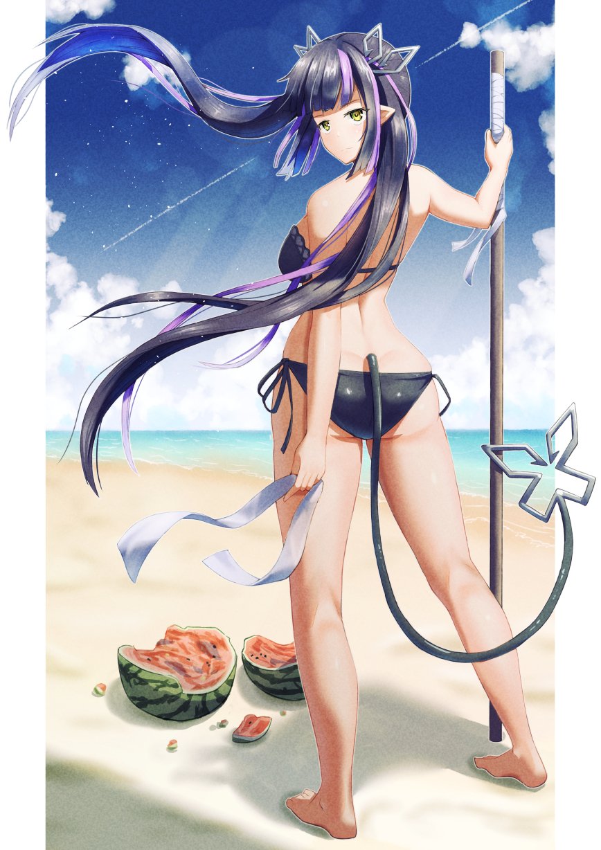 1girl ass bangs barefoot beach bikini black_bikini black_hair blue_sky blunt_bangs blush breasts closed_mouth clouds commentary_request day demon_girl demon_horns demon_tail expressionless food fruit full_body highres holding holding_staff horizon horns kojo_anna long_hair looking_at_viewer looking_back medium_breasts multicolored_hair ocean outdoors pillarboxed pointy_ears purple_hair sand sky solo sone_(cortisone) staff standing sugar_lyric suikawari swimsuit tail twintails two-tone_hair very_long_hair virtual_youtuber water watermelon yellow_eyes