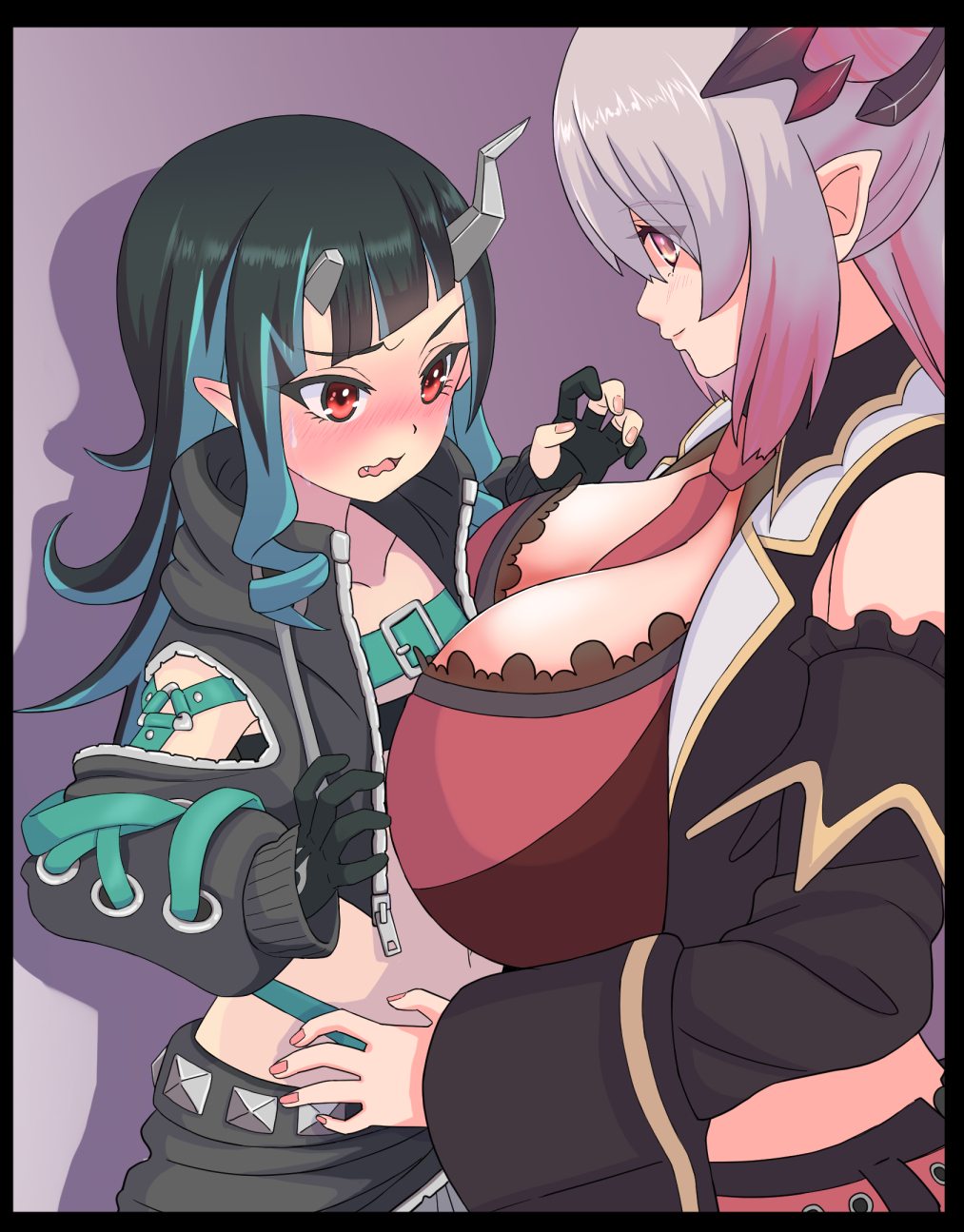 2girls @_@ bangs belt beltbra between_breasts black_border black_gloves black_hair black_jacket black_skirt black_sleeves blue_belt blue_hair blush border breast_envy breasts chest_belt closed_mouth clothing_cutout commentary_request cropped_jacket cross-laced_sleeves demon_girl demon_horns detached_sleeves fang flat_chest gloves gradient_hair grey_hair grey_skirt highleg highleg_panties highres honey_strap horns huge_breasts jacket k_waremono layered_skirt long_hair long_sleeves looking_at_another looking_at_breasts midriff multicolored_hair multiple_girls navel necktie necktie_between_breasts nose_blush open_clothes open_jacket open_mouth open_vest panties partially_fingerless_gloves pink_hair pointy_ears purple_background red_eyes red_necktie shishio_chris shoulder_cutout simple_background skirt smile sugar_lyric suou_patra sweatdrop two-tone_hair underwear vest virtual_youtuber white_vest zipper_skirt