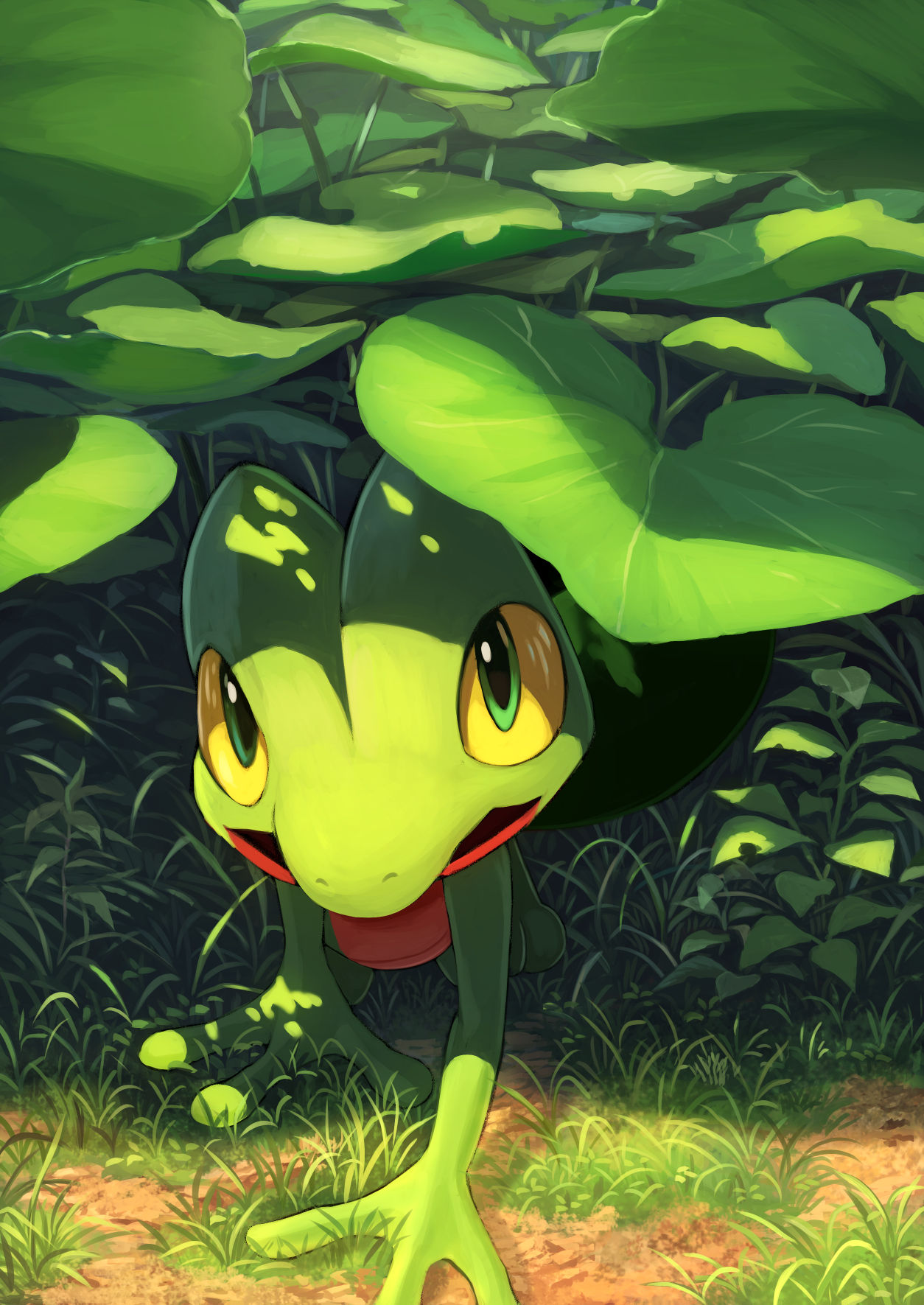 all_fours colored_sclera commentary from_above grass green_eyes highres ivy karamimame leaf looking_at_viewer no_humans on_ground open_mouth outdoors pokemon pokemon_(creature) treecko yellow_sclera
