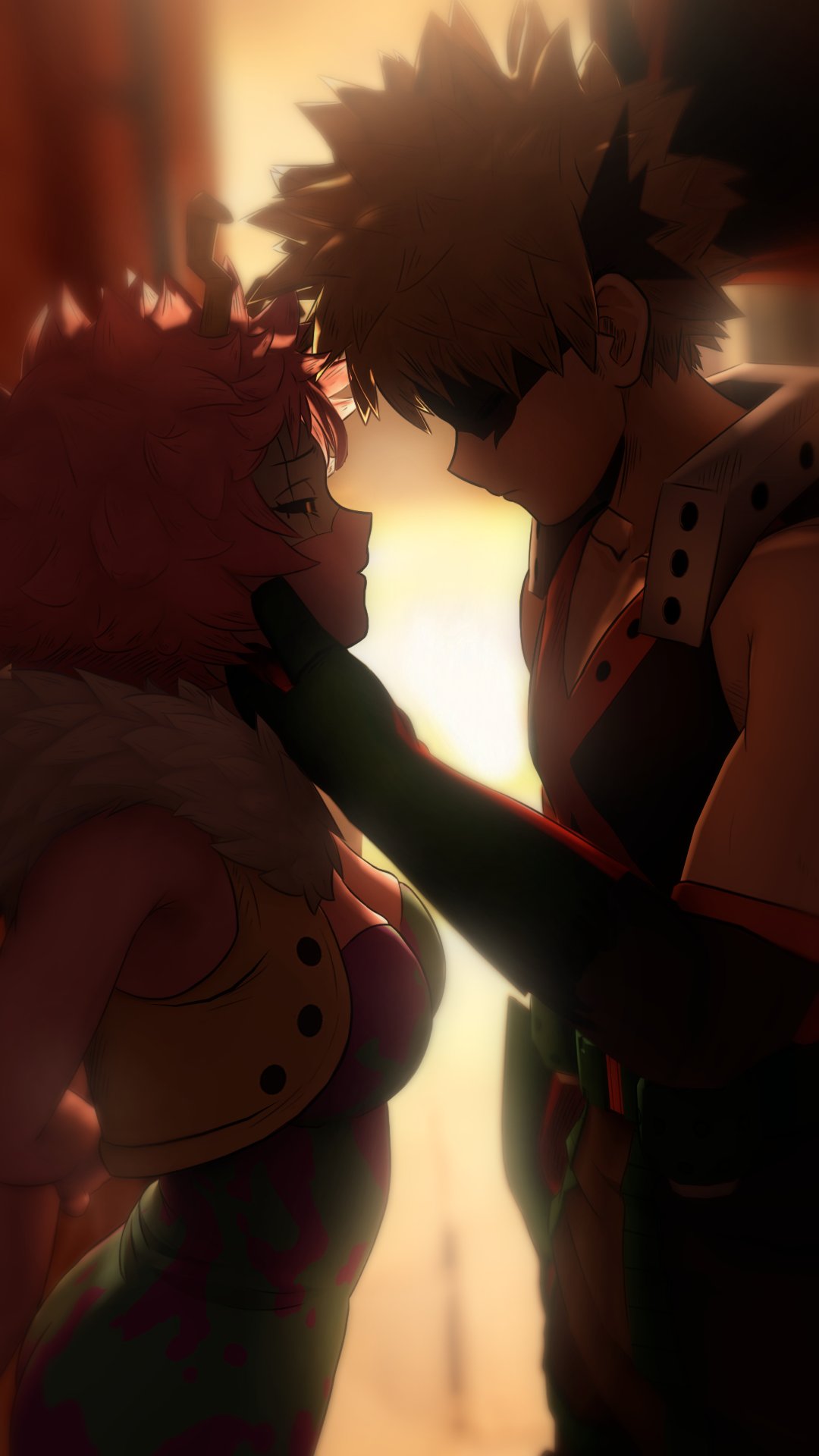 1boy 1girl armor arms_behind_back ashido_mina backlighting bakugou_katsuki bare_shoulders black_mask black_shirt blonde_hair bloom blurry blurry_background boku_no_hero_academia breasts colored_skin commentary couple domino_mask english_commentary eye_mask from_side fur-trimmed_jacket fur_trim grabbing_another's_chin greatm8 half-closed_eyes hand_on_another's_cheek hand_on_another's_chin hand_on_another's_face hetero highres horns jacket leotard looking_at_another mask medium_breasts parted_lips photoshop_(medium) pink_hair pink_skin profile shirt short_hair shoulder_armor sleeveless sleeveless_shirt source_filmmaker_(medium) spiky_hair upper_body white_mask
