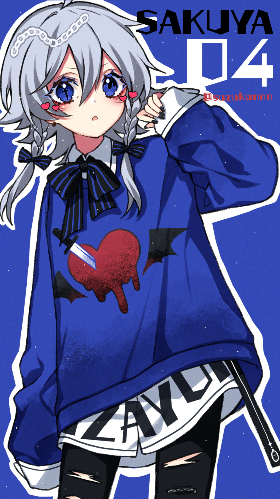 1girl alternate_costume black_bow black_bowtie black_nails black_pants blue_background blue_eyes blue_sweater blush bow bowtie braid character_name clothes_writing contemporary cowboy_shot eyebrows_visible_through_hair grey_hair hair_between_eyes hair_bow hand_up heart heart_print highres izayoi_sakuya kyouda_suzuka looking_at_viewer medium_hair mismatched_pupils nail_polish open_mouth pants print_sweater shirt simple_background sleeves_past_wrists solo striped striped_bow striped_bowtie sweater symbol-shaped_pupils torn_clothes torn_pants touhou twin_braids twitter_username v-shaped_eyebrows white_shirt