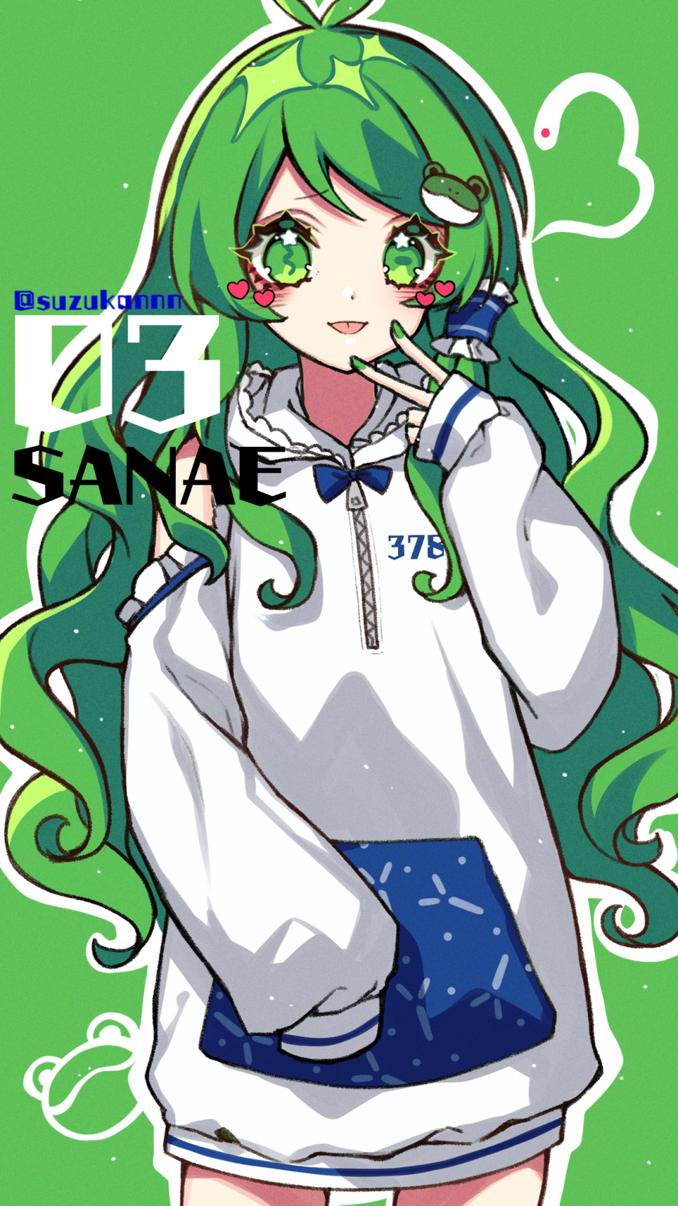 1girl :p adapted_costume antenna_hair blue_bow blush bow character_name commentary contemporary cowboy_shot detached_sleeves eyebrows_visible_through_hair frilled_hair_tubes frills frog_hair_ornament green_background green_eyes green_hair green_nails hair_ornament hair_tubes heart highres hood hoodie kochiya_sanae kyouda_suzuka long_hair long_sleeves looking_at_viewer mismatched_pupils nail_polish simple_background sleeves_past_wrists snake solo star_(symbol) star_in_eye symbol_in_eye tongue tongue_out touhou twitter_username v white_hoodie zipper