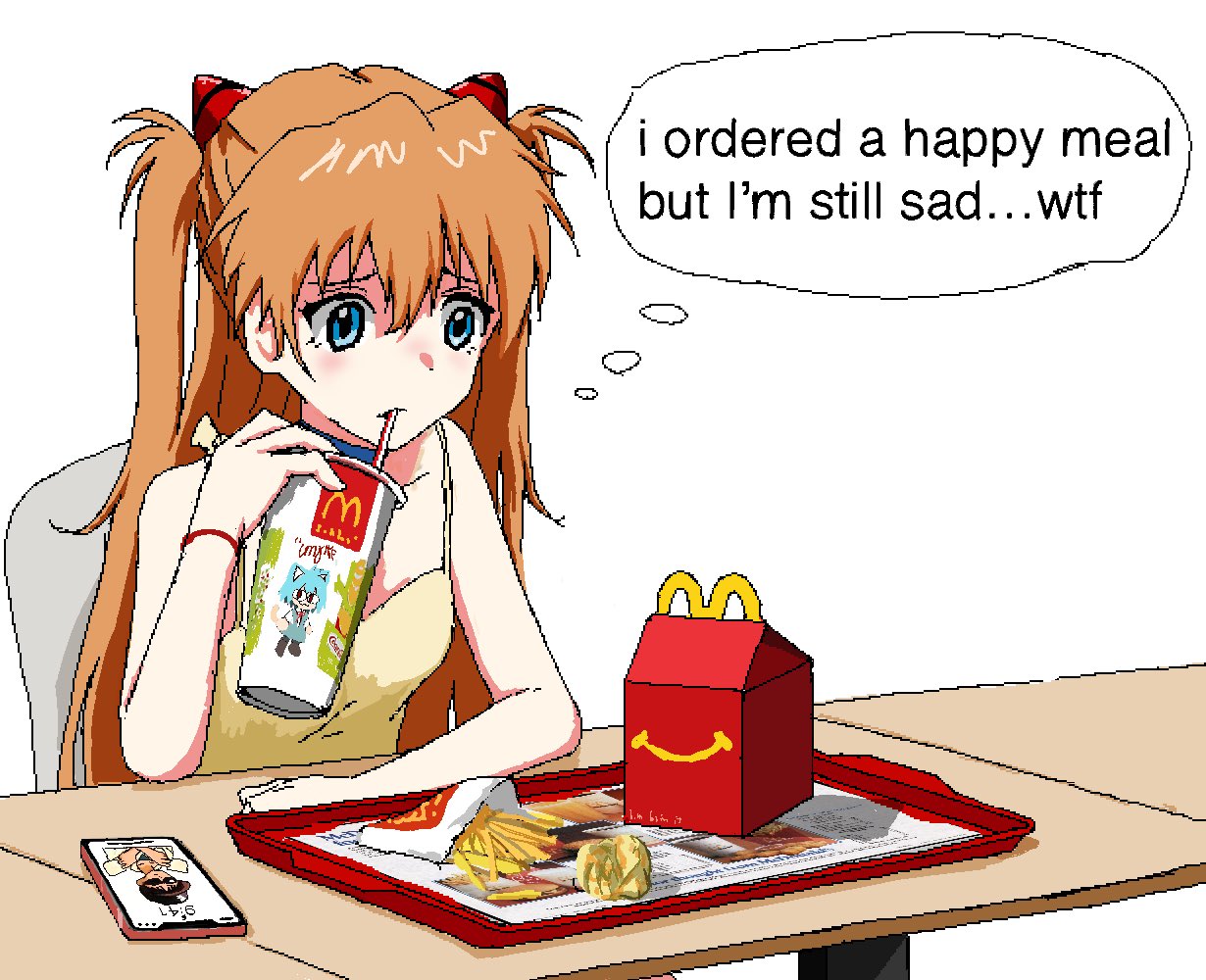 1girl 1other after_meal aiu404l alternate_hair_color aqua_hair blue_eyes breasts camisole chicago_white_sox collarbone crumpled_paper cup drinking drinking_straw dual_wielding english_text fast_food food french_fries frown furrowed_brow happy_meal hat holding holding_cup ikari_shinji ios_(os) iphone_12 light_blush looking_away mcdonald's meme mug neco-arc neon_genesis_evangelion orange_hair photo_inset red_wristband restaurant shinji_holding_a_mug_(meme) shiny shiny_hair simple_background small_breasts smug solo souryuu_asuka_langley spaghetti_strap sunglasses table tareme thought_bubble timestamp tray tsukihime white_background yellow_camisole