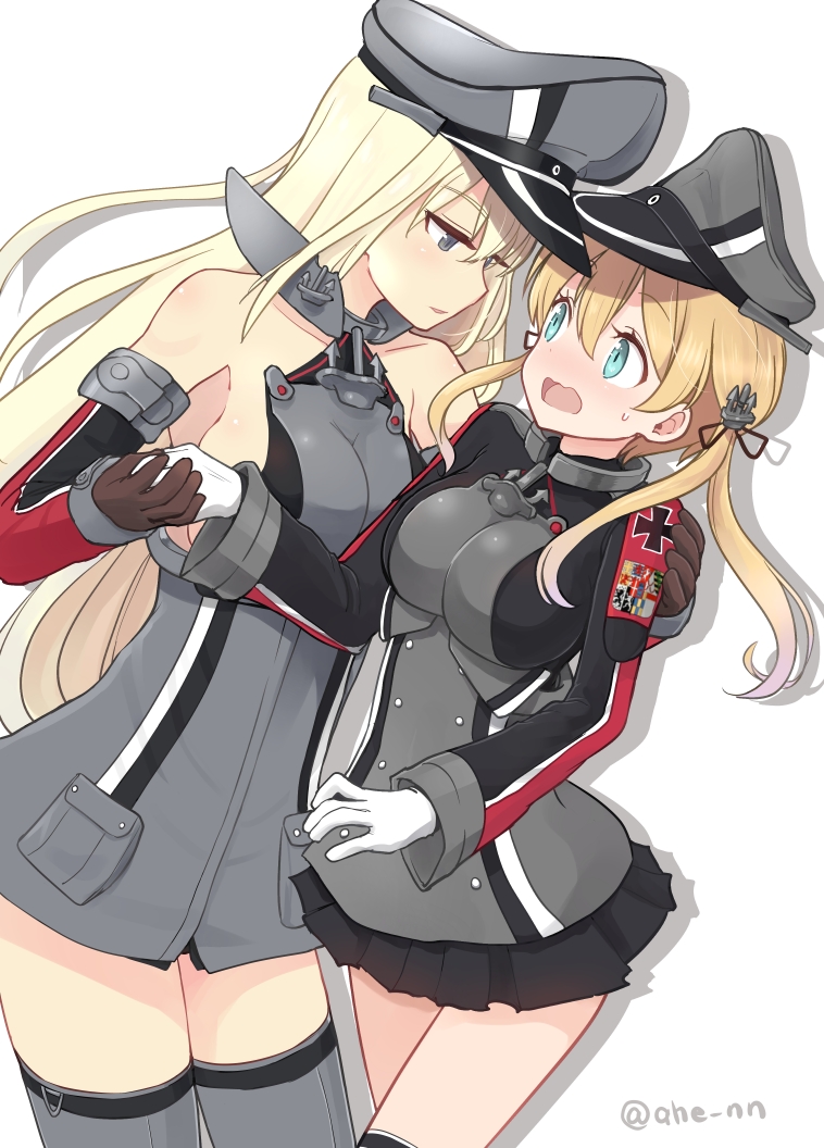 2girls ahenn aqua_eyes bare_shoulders bismarck_(kancolle) black_legwear black_skirt blonde_hair blue_eyes blush breasts brown_gloves cowboy_shot detached_sleeves eyebrows_visible_through_hair gloves grey_headwear grey_legwear hair_between_eyes hat kantai_collection large_breasts long_hair long_sleeves low_twintails military military_uniform miniskirt multiple_girls open_mouth peaked_cap pleated_skirt prinz_eugen_(kancolle) simple_background skirt thigh-highs twintails twitter_username uniform white_background white_gloves
