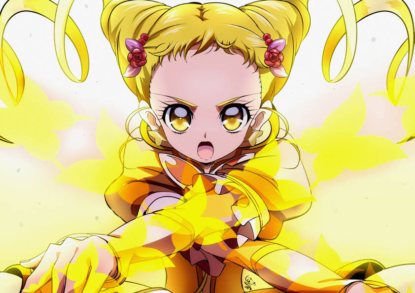 1girl :o blonde_hair brooch bug butterfly butterfly_earrings crossed_arms cure_lemonade double_bun drill_hair earrings flower hair_ornament jewelry kasugano_urara_(yes!_precure_5) looking_at_viewer magical_girl medium_hair open_mouth precure red_flower red_rose rose serious solo tomo5656ky twin_drills upper_body yellow_eyes yellow_theme yes!_precure_5 yes!_precure_5_gogo!