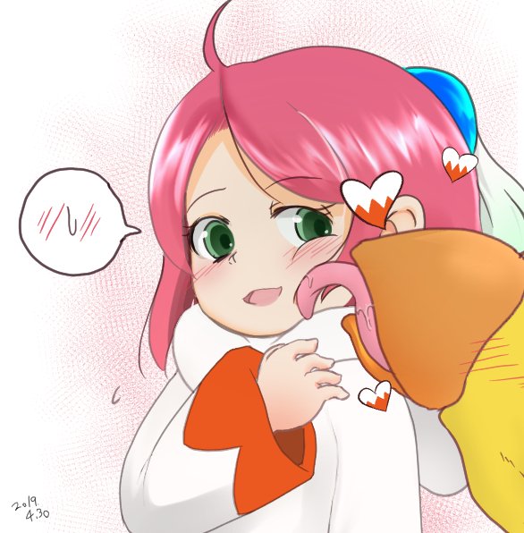 1girl ahoge blush chocobo dated final_fantasy final_fantasy_fables green_eyes heart licking licking_another's_face midoriko_(midori_games) open_mouth pink_hair robe shirma short_hair simple_background smile white_mage