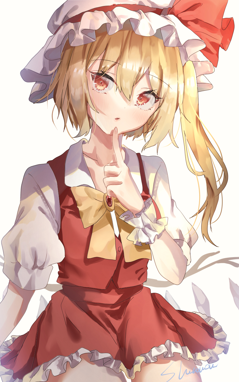 1girl :/ alternate_neckwear blonde_hair bow bowtie brooch crystal finger_to_own_chin flandre_scarlet hair_between_eyes hat highres jewelry looking_to_the_side mob_cap one_side_up parted_lips red_eyes shiromoru_(yozakura_rety) short_hair_with_long_locks simple_background solo touhou white_background wings yellow_bow yellow_bowtie