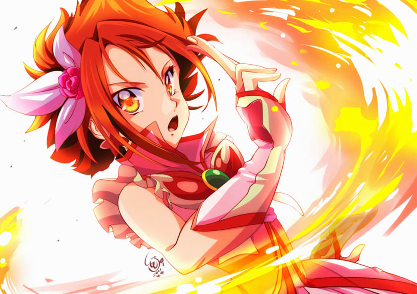 1girl :o brooch butterfly_earrings cure_rouge dated earrings fingerless_gloves fire flower frills gloves hair_flower hair_ornament jewelry looking_at_viewer magical_girl natsuki_rin open_mouth orange_eyes pink_flower pink_rose precure redhead rose short_hair signature solo spiky_hair tomo5656ky upper_body vest yes!_precure_5 yes!_precure_5_gogo!