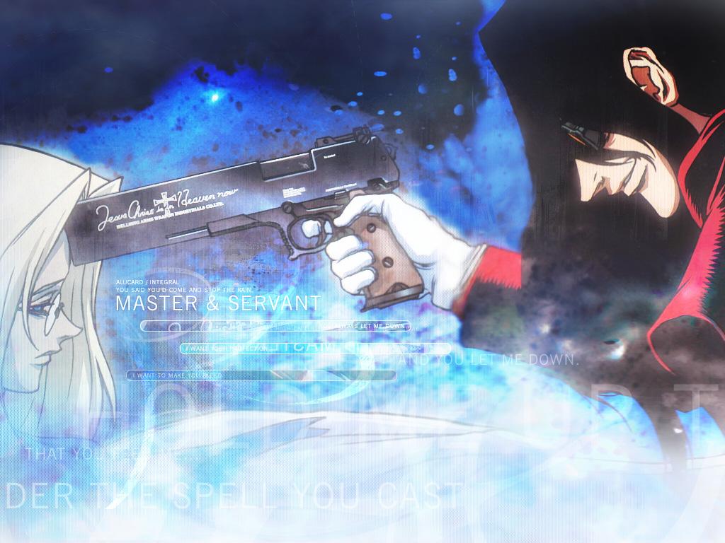 alucard_(hellsing) black_hair blonde_hair gloves gun hellsing integra_hellsing pistol sunglasses tagme white_gloves