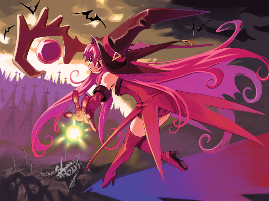 blush boots cierra elbow_gloves flying gloves halloween hat high_heels long_hair looking_back magic nomura_ryouji pink_eyes pink_hair red_legwear riviera shoes skeleton skirt staff thigh_boots thighhighs very_long_hair wallpaper witch witch_hat