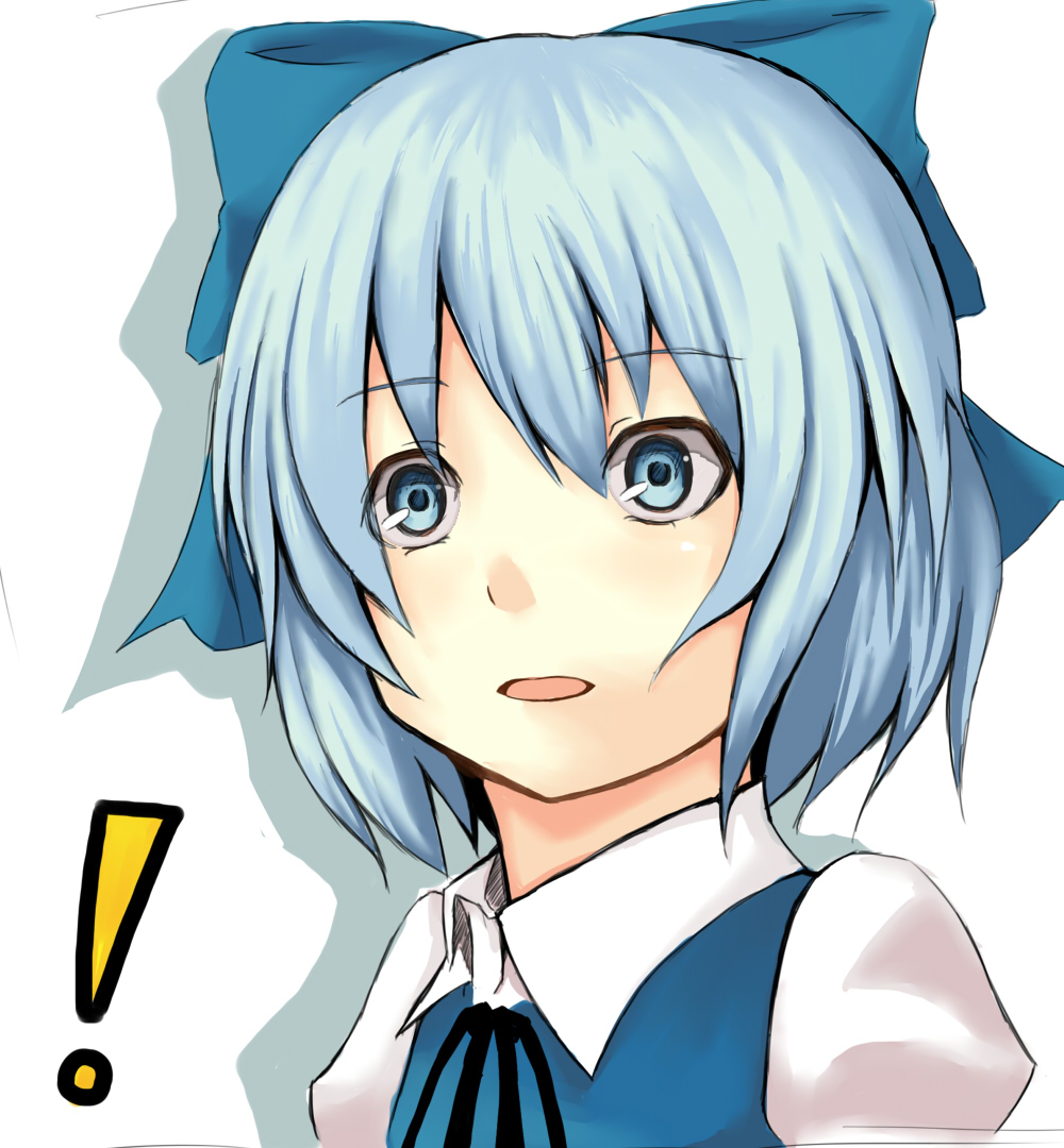 1girl blue_eyes blue_hair cirno kuzuhoshi ribbon short_hair simple_background solo touhou