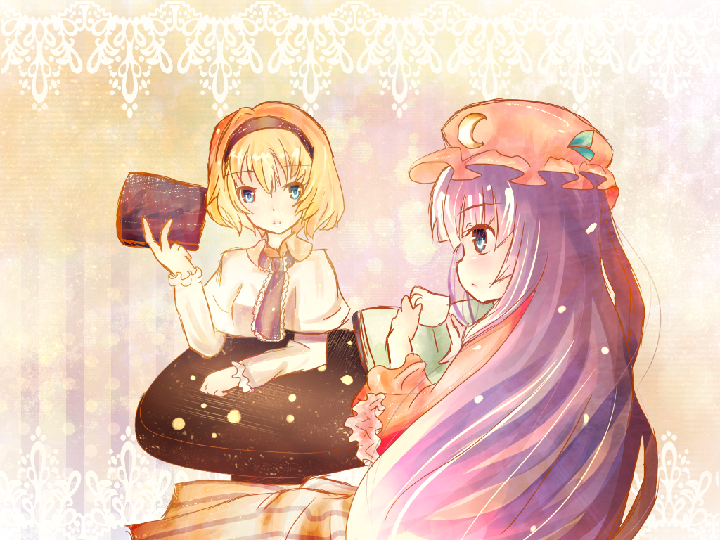 alice_margatroid book crescent cup drinking hairband hat multiple_girls munieru patchouli_knowledge table teacup touhou