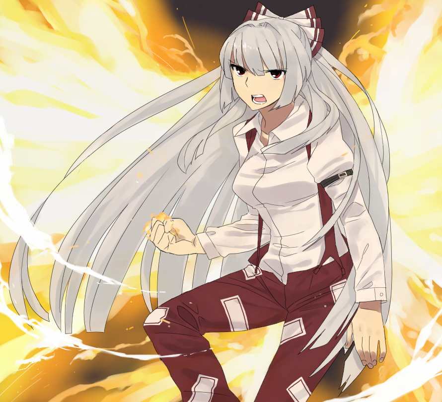 fire fujiwara_no_mokou hair_ribbon long_hair long_sleeves nisshi ribbon touhou