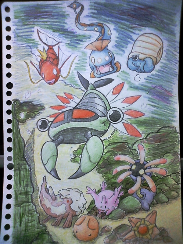 anorith corsola ebifly_(dokudoku) gorebyss huntail kabuto_(pokemon) lileep magikarp no_humans omanyte pokemon pokemon_(creature) relicanth scan staryu traditional_media underwater