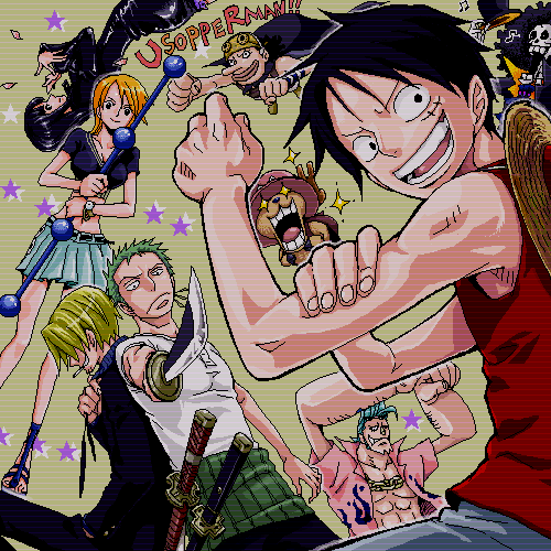 black_hair blonde_hair blue_hair brook brown_hair cape clima-tact crew cyborg devil_fruit earring everyone female fighting_stance franky futomaki goggles green_hair group hat katana lowres male monkey_d_luffy music nami necktie nico_robin one_piece orange_hair pirate roronoa_zoro sanji smoking staff straw_hat sunglasses sword swordsman tony_tony_chopper top_hat usopp weapon