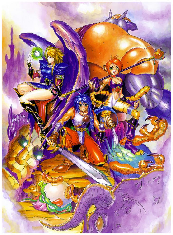 blonde_hair blue_hair boots breasts breath_of_fire breath_of_fire_ii capcom dress gauntlets jewelry knee_boots large_breasts legs long_legs magic monster muscle nina_(breath_of_fire_ii) official_art rand_banks rand_marks red_hair rinpoo_chuan ryuu_(breath_of_fire_ii) side_slit spar staff sword tail thighs weapon wings