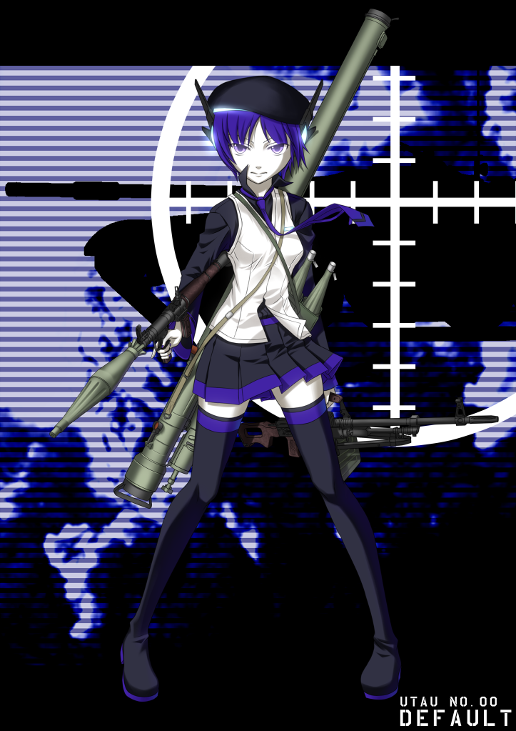 gun hat machine_gun necktie purple_eyes purple_hair rifle rocket_launcher short_hair skirt solo sukua thigh-highs thighhighs tk28 utane_uta utau violet_eyes weapon zettai_ryouiki