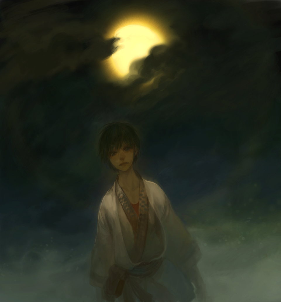 black_hair male moon night night_sky original robe sky solo taku_(fishdrive)