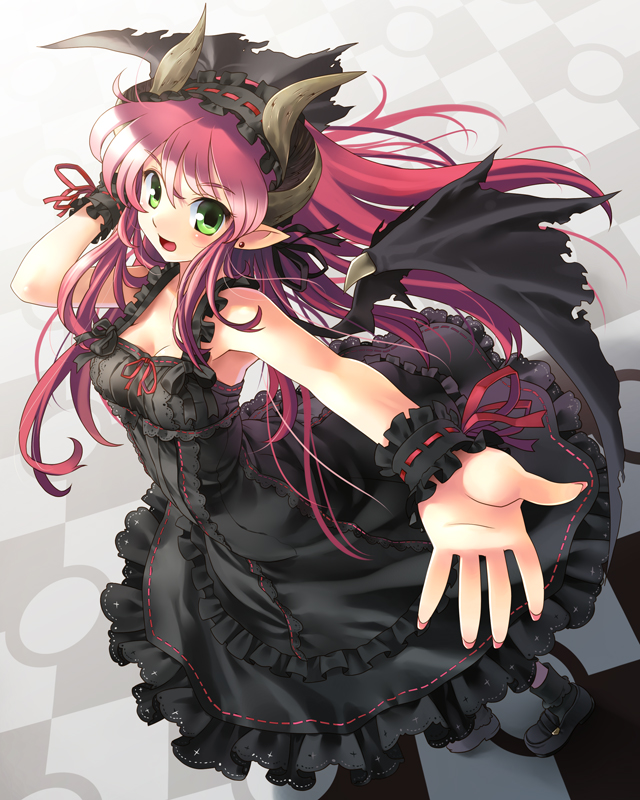 breasts checkered checkered_floor cleavage demon_girl demon_wings dress dutch_angle earrings foreshortening frilled_dress frills from_above gothic_lolita green_eyes hands horns jewelry katahira_masashi lace lolita_fashion lolita_headband looking_at_viewer nail_polish original outstretched_arm outstretched_hand pink_hair pointy_ears solo torn_wings wings wrist_cuffs