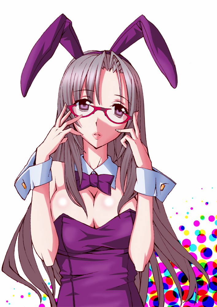 breasts bunny_ears bunnysuit cleavage glasses original purple_eyes rabbit_ears silver_hair solo violet_eyes wamwam