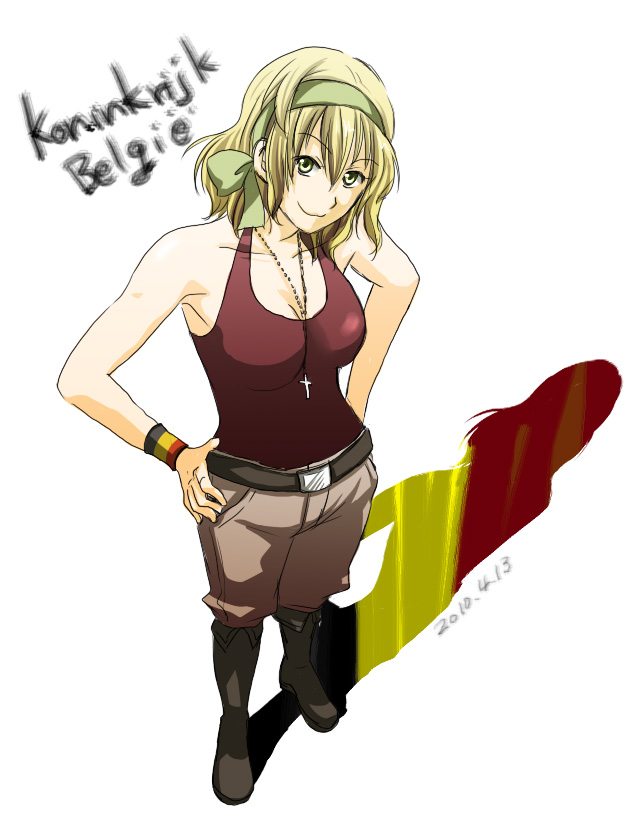 asato_(pixiv305334) asato_(turuga36) axis_powers_hetalia belgium_(hetalia) belt between_breasts blonde_hair boots breasts cleavage cross from_above green_eyes hair_ribbon hands_on_hips jewelry large_breasts necklace ribbon shadow solo tank_top wristband
