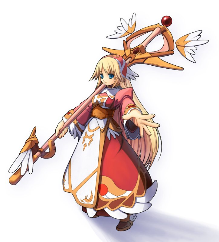 blonde_hair foreshortening hands hat long_hair original robe solo staff very_long_hair wings yhoba96