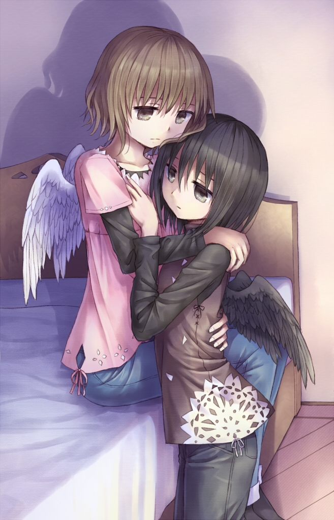 2girls bed black_wings feathered_wings hug multiple_girls white_wings wings yuri yuyuzuki_(yume_usagi)