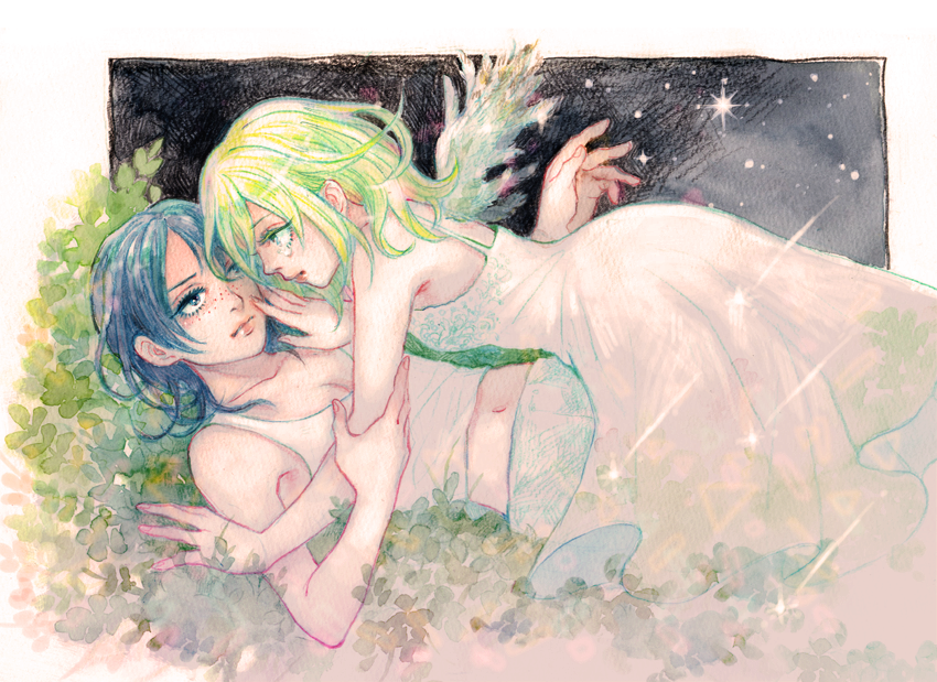 2girls angel_wings bare_shoulders christa_renz colored_pencil_(medium) dress freckles hand_on_another's_face kotakota15 looking_at_another lying multiple_girls profile shingeki_no_kyojin short_hair touching traditional_media watercolor_(medium) white_dress wings ymir_(shingeki_no_kyojin) yuri