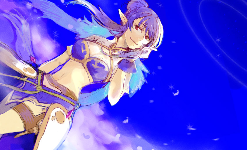 bad_id blue_background blue_hair breasts elf gloves judith koku_666 long_hair midriff navel pointy_ears ponytail purple_eyes sky smile solo tales_of_(series) tales_of_vesperia white_gloves