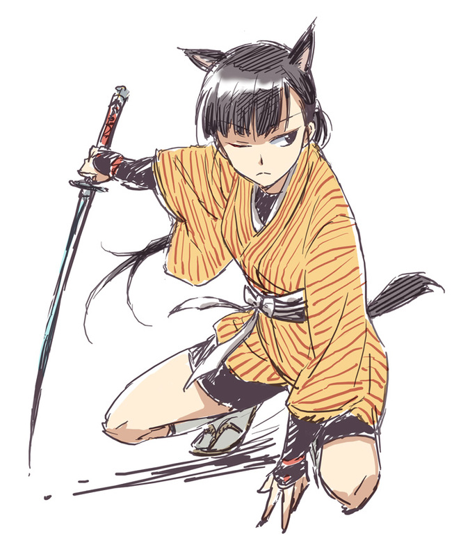 animal_ears bangs black_hair blunt_bangs extra_ears ponytail sakamoto_mio sandals sketch solo squatting strike_witches sword tail weapon wink