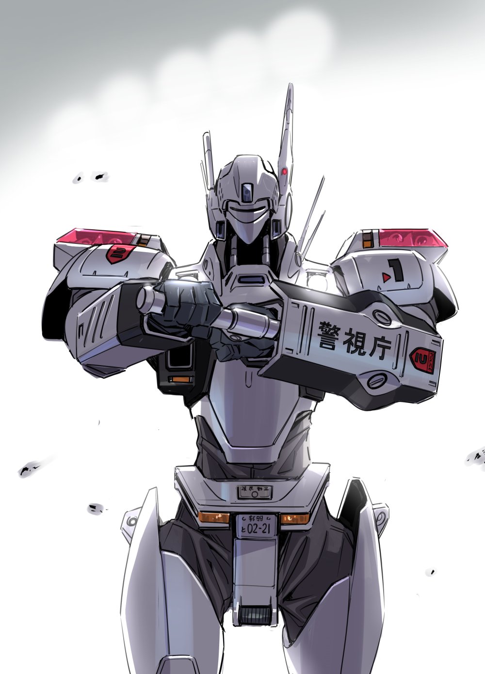 av-98_ingram baton_(weapon) buchi_holes highres holding holding_weapon kidou_keisatsu_patlabor looking_at_viewer mecha no_humans police radio_antenna science_fiction sheath solo suzutsuki_kurara unsheathing visor weapon