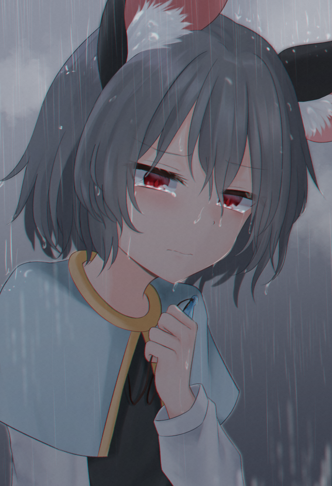 1girl animal_ear_fluff animal_ears bangs blue_capelet blush capelet closed_mouth commentary crying crying_with_eyes_open crystal dakuazu eyebrows_visible_through_hair grey_hair grey_vest jewelry long_sleeves looking_at_viewer mouse_ears mouse_girl nazrin pendant rain red_eyes shirt short_hair solo tears touhou upper_body vest wet white_shirt