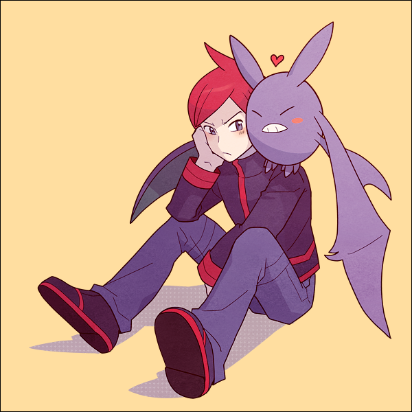 1boy blush blush_stickers closed_eyes closed_mouth commentary_request crobat frown head_rest heart jacket jaho long_sleeves male_focus on_shoulder pants pokemon pokemon_(creature) pokemon_(game) pokemon_hgss pokemon_on_shoulder purple_jacket redhead shoes silver_(pokemon) simple_background sitting teeth yellow_background
